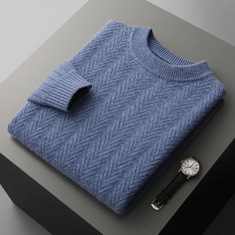 Thickened floral Autumn/winter new 100% Merino wool cashmere sweater men's O-neck pullover warm bottom knit shirt top