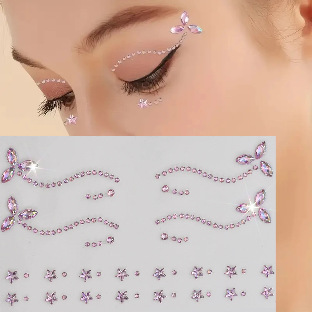 1Pcs 3D Pink Flower Star Face Gems Stickers Rhinestones Self-Adhesive Temporary Tattoo for Party Body Eye Makeup Jewels Decorati