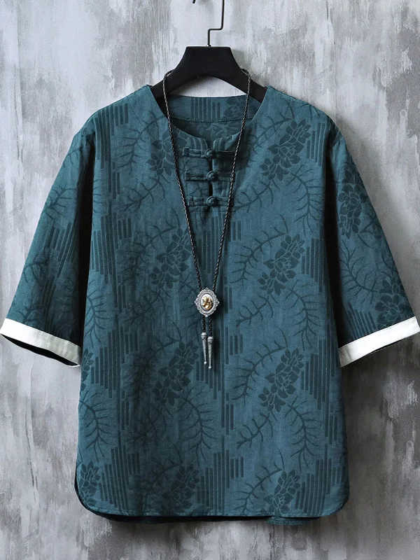 

Men's Cotton Linen ort Sve T-irt Embroidered Floral Vintage Buddhist Wear New Chinese Sle Tang Costume Zen Clothing