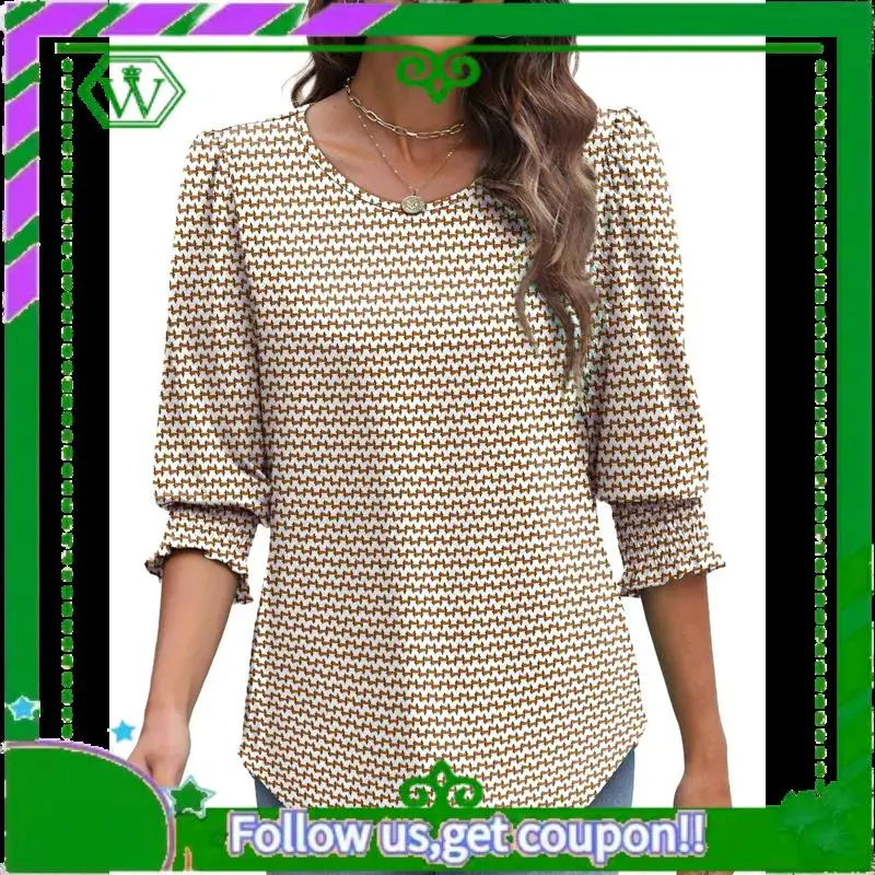 

A18P-Blouses For Women Dressy Casual 3/4 Length Sleeve Womens Tops With Smocked Cuffs