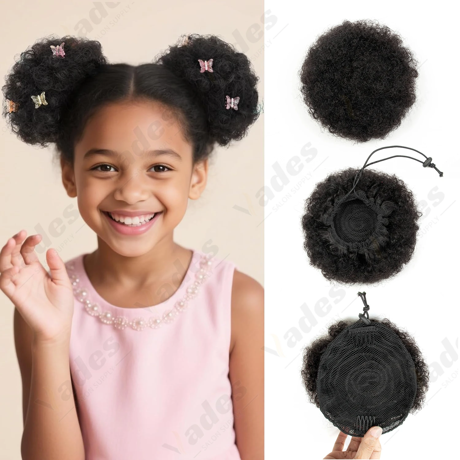VADES HAIR Afro Puff Hair Bun Human Hair Small Drawstring Ponytail Natural Black Curly Hairpiece 4 6 8 inch One Piece Per Pack