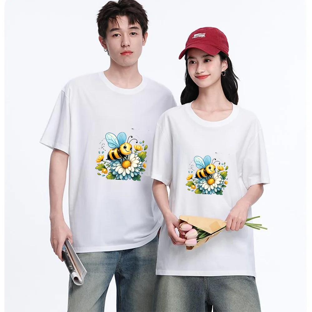 Cute Bee Floral Printed T Shirt Breathable Fabric S-XXL Personalized Custom Casual Short Sleeve Tee Aesthetic Graphic Top Unisex