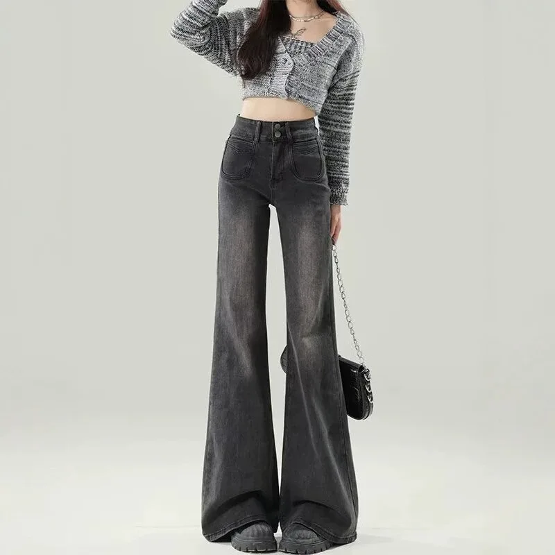 High-waisted Slightly Flared Black Gray Jeans Women New Autumn Style Slimming Form-fitting Floor-length Hoof-shaped Flared Pants
