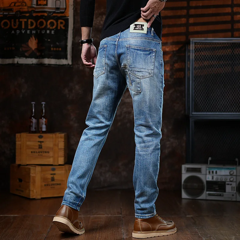 

Мужские ностальгические джинсы в стиле ретро, модный осенний бренд, крутой и стильный американский стиль, облегающие брюки в стиле ретро в стиле пэчворк.