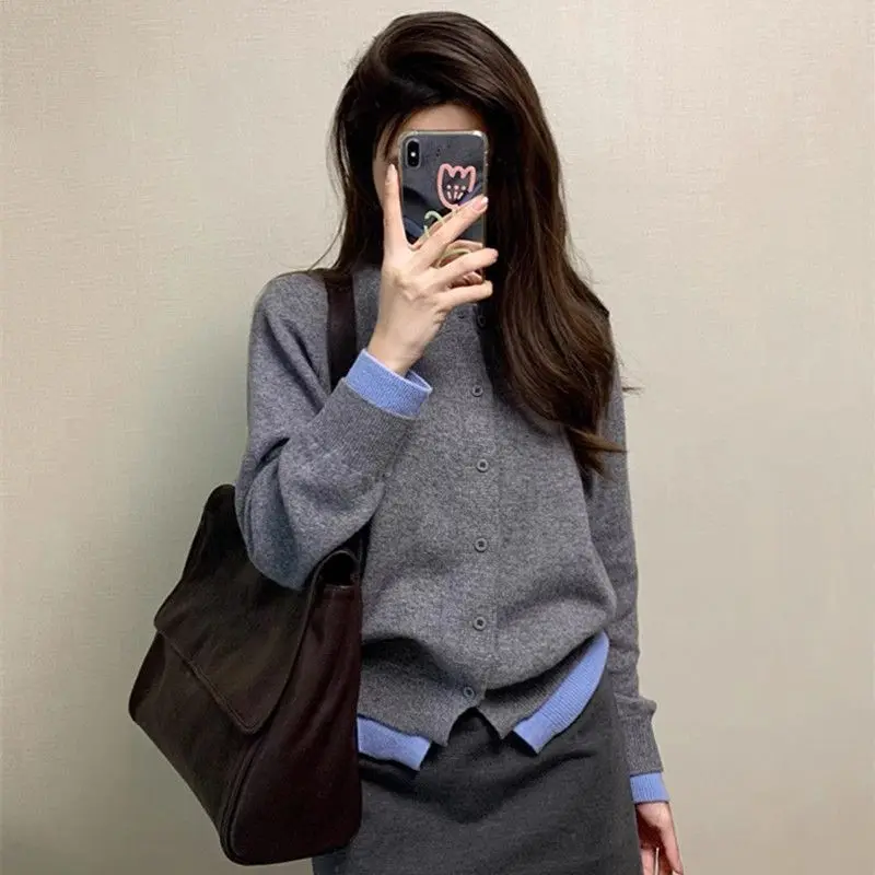 Women Autumn Fashion Patchwork Office Lady Solid Color O-neck Long Sleeve Knitwear Ladies Korean Casual Knitting Cardigan Coat