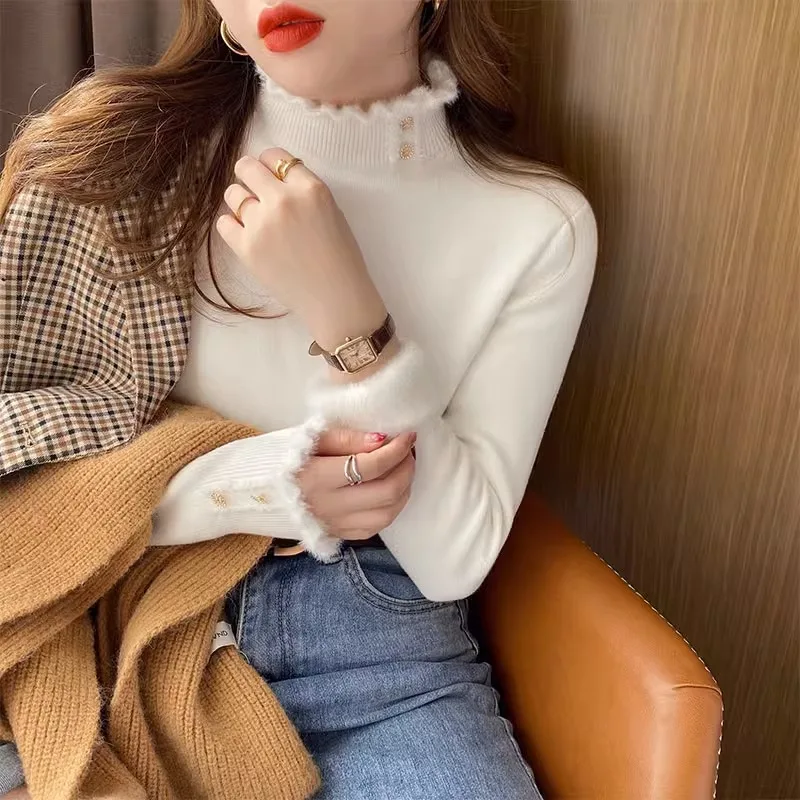 Zimowy ciepły sweter Pullover Women Slim Thicken Plush Velvet Lined Button Jumper Korean Half Turtleneck Poleras Soft Knit Tops