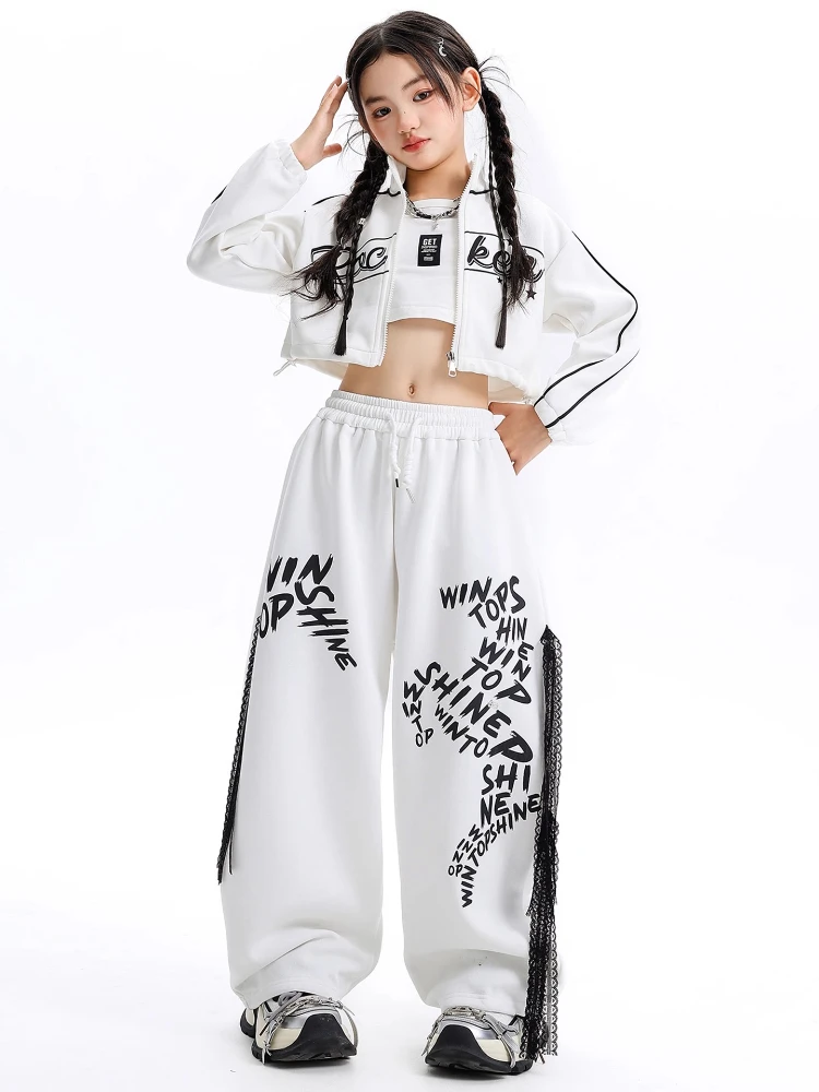 New Girls Jazz Dance Clothes Set Hip Hop Costume White Jacket Baggy Pants Long Sleeves Suit Group Breaking Street Dance Outfits