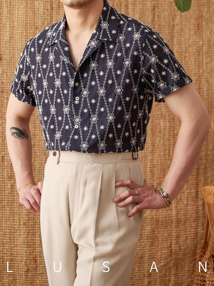 

Men's Pure Cotton Cuban Collar Shirt - Summer Loose Fit Short Sleeve Embroidered Casual Vacation Top