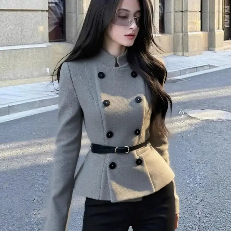 موضة جديدة سترة صوفية المرأة الخريف الشتاء موضة مزدوجة الصدر الوقوف طوق الخصر النحيف أنيقة معطف قصير أبلى #3