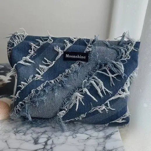 Cross-border Wholesale Niche High-end Denim Fringed Cosmetic Bag Gradual Change Large-capacity Storage Bag Portable Clutch Bag