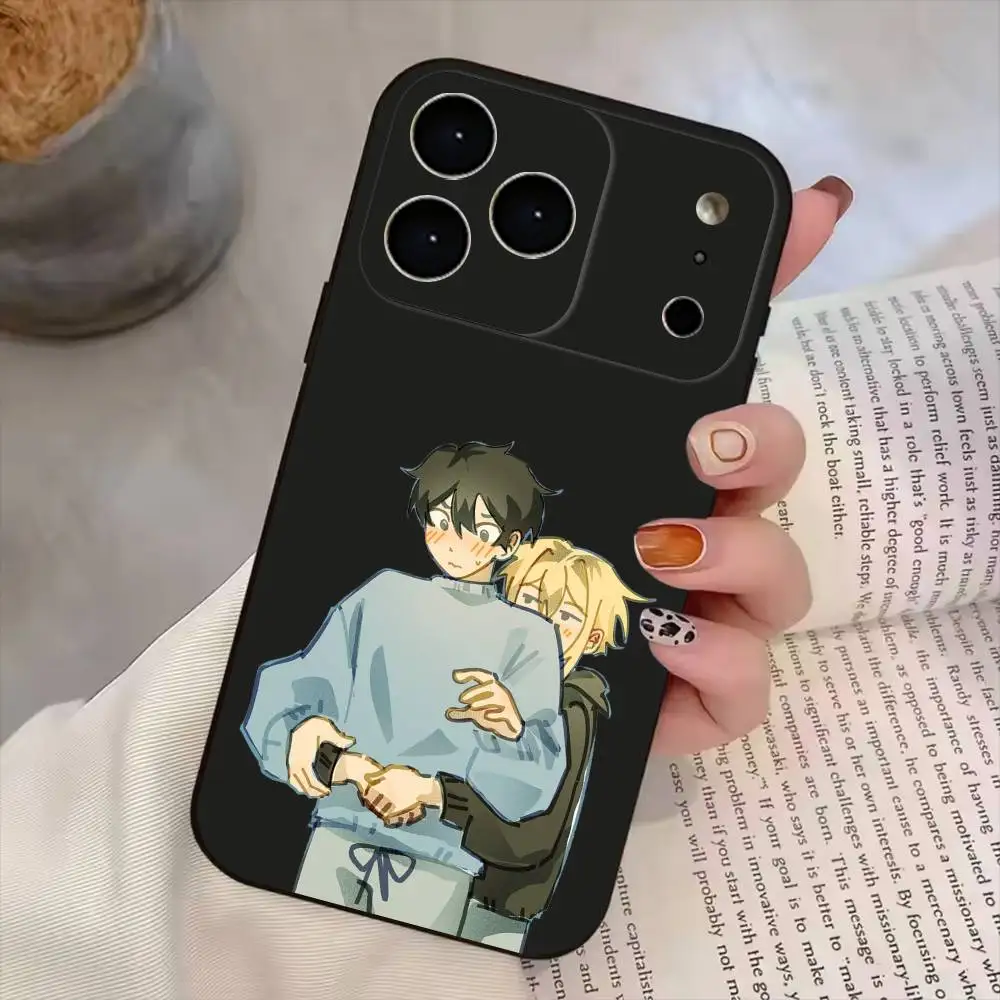 Funda de silicona negra para iPhone 17, 16, 15, 14, 13, 12, 11 Plus, Pro Max, con diseño de los personajes de manga BL de Hirano y Kagiura.
