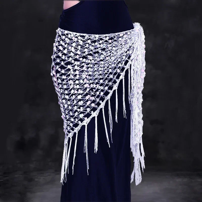 Ropa de práctica de danza del vientre, accesorios elásticos, cinturón triangular con borla larga, ganchillo a mano, danza del vientre, bufanda de cadera con lentejuelas, 12 colores