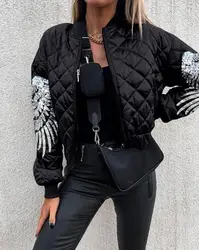 Winter Clothes Women's Coat Fashion Contrast Sequins Angel Wings Pattern Quilted Warm Down Jacket Black Top Casual Street Wear