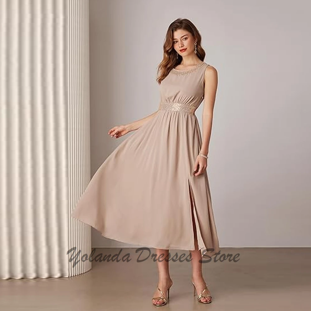 Modern Scoop Neck Mother of The Bride Dresses Tea Length Long Sleeves Wedding Party Cocktail Dress Two Piece Dress Sequin Dress