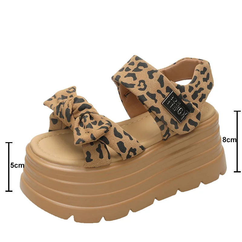 Summer 8cm Leopard Height Increasing Gladiator Sandals Women Bowtie Flat Platform Beach Shoes Woman Wedges Travel Hiking Sneaker view 5