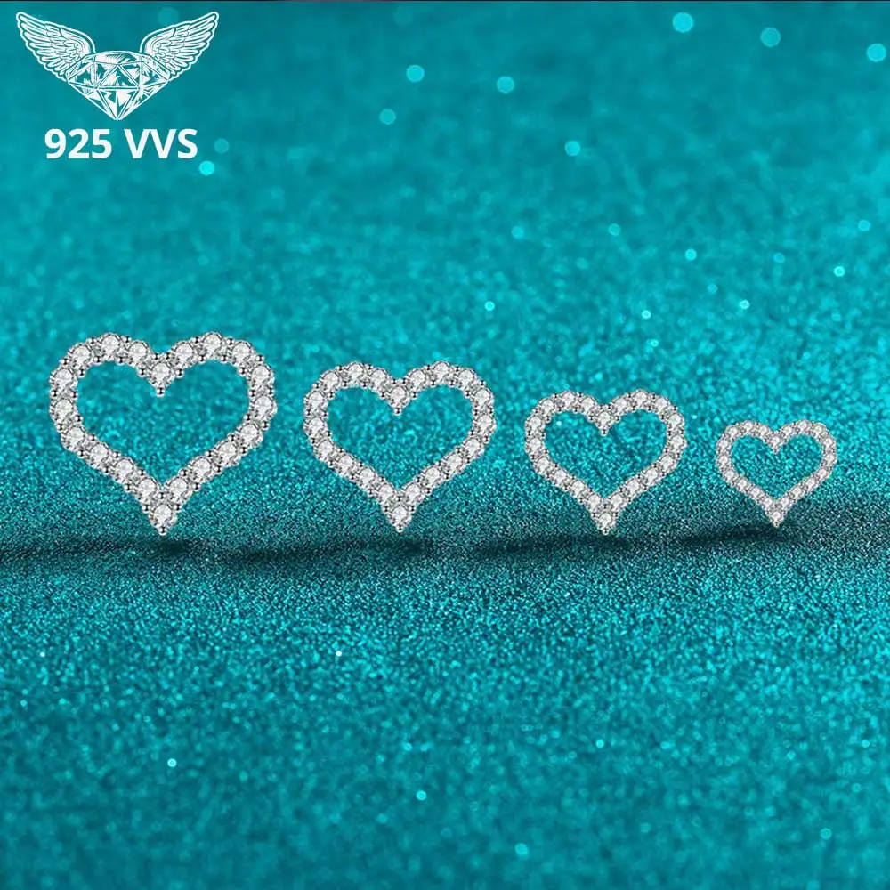 S925 Silver Moissanite Hollow Heart Stud Earrings Multi‑Size Sparkling Moissanite Earring Women Fine Jewelry Daily Party Gift
