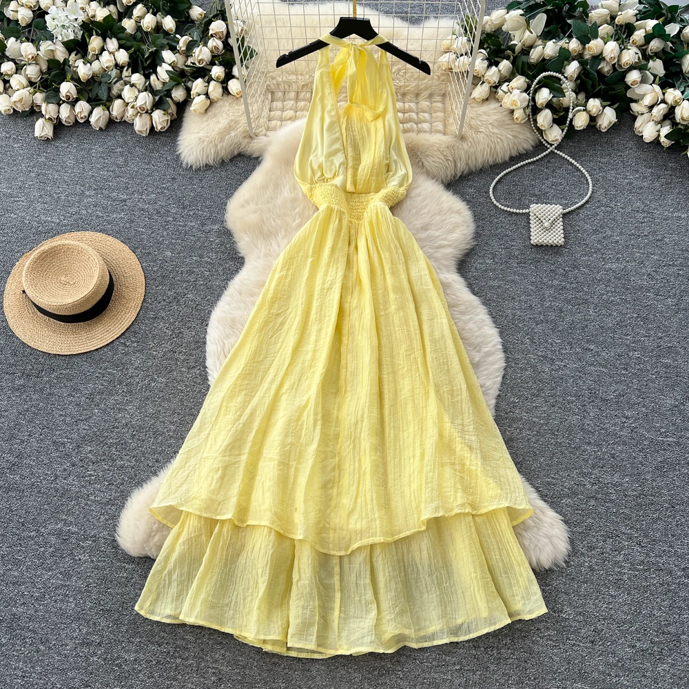 Elegancka sukienka w stylu vintage z dekoltem w serek, wiązana na szyi, marszczona, dopasowana, w stylu koreańskim, boho, letnia sukienka damska.