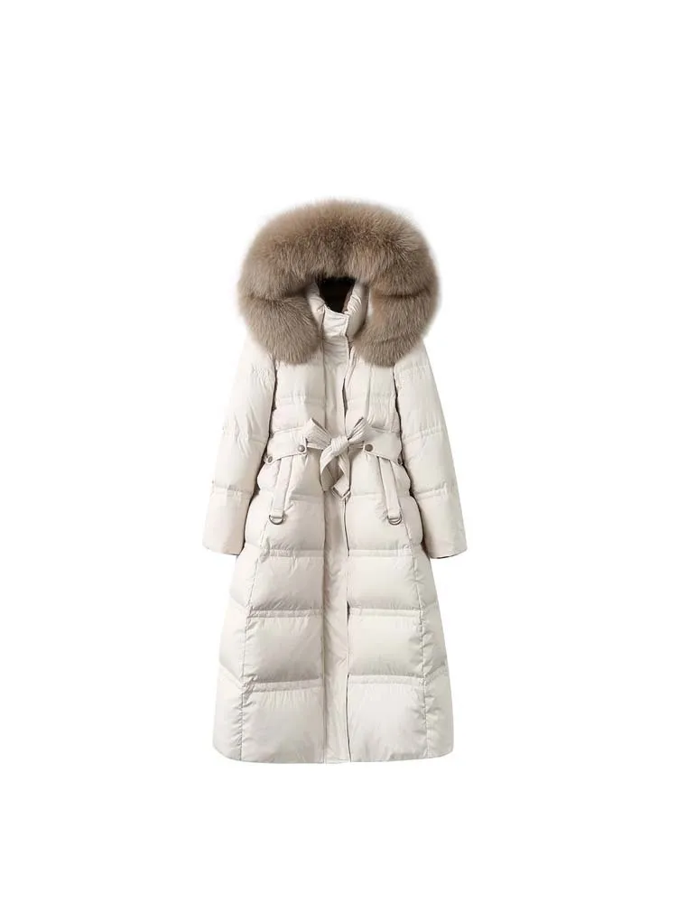 Vrouwen Winter 2023 Natuurlijke Vossenbont Capuchon 90% Witte Eend Donsjassen Slanke Lange Parka Vrouwelijke Dikke Warme Pufferjas