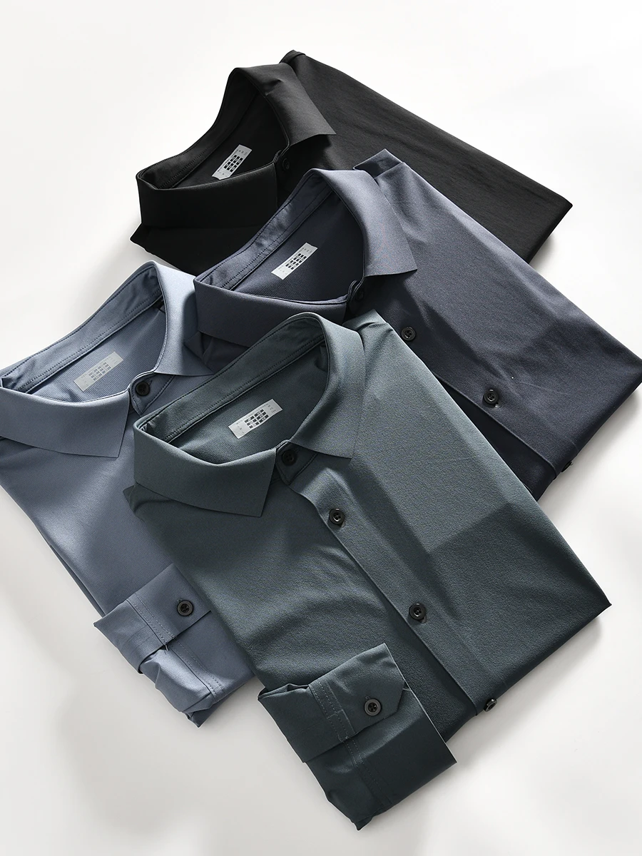 

High-End New Men's Long Sleeve Casual Shirt Four-Way Stretch Lightweight Spring Dry Quick-Breath Nylon Spandex Business Casual