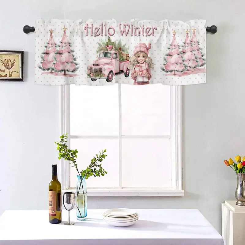 VIKAMA Pink Hello Winter Blush Pickup Truck Girl Pine Christmas Short Window Curtain Cute Pastel Girly Holiday Home Decor Unique
