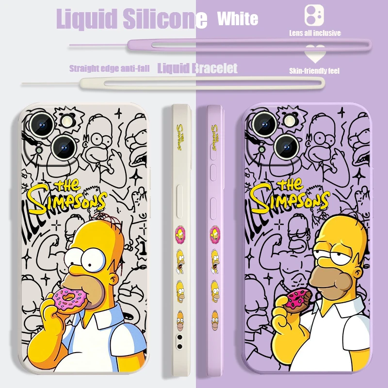 Disney The simpsons Cute Liquid Left Rope Phone Case For iPhone 15 14 13 12 11 Pro Max Mini X XR XS 8 7 Plus Silicone Soft Cover