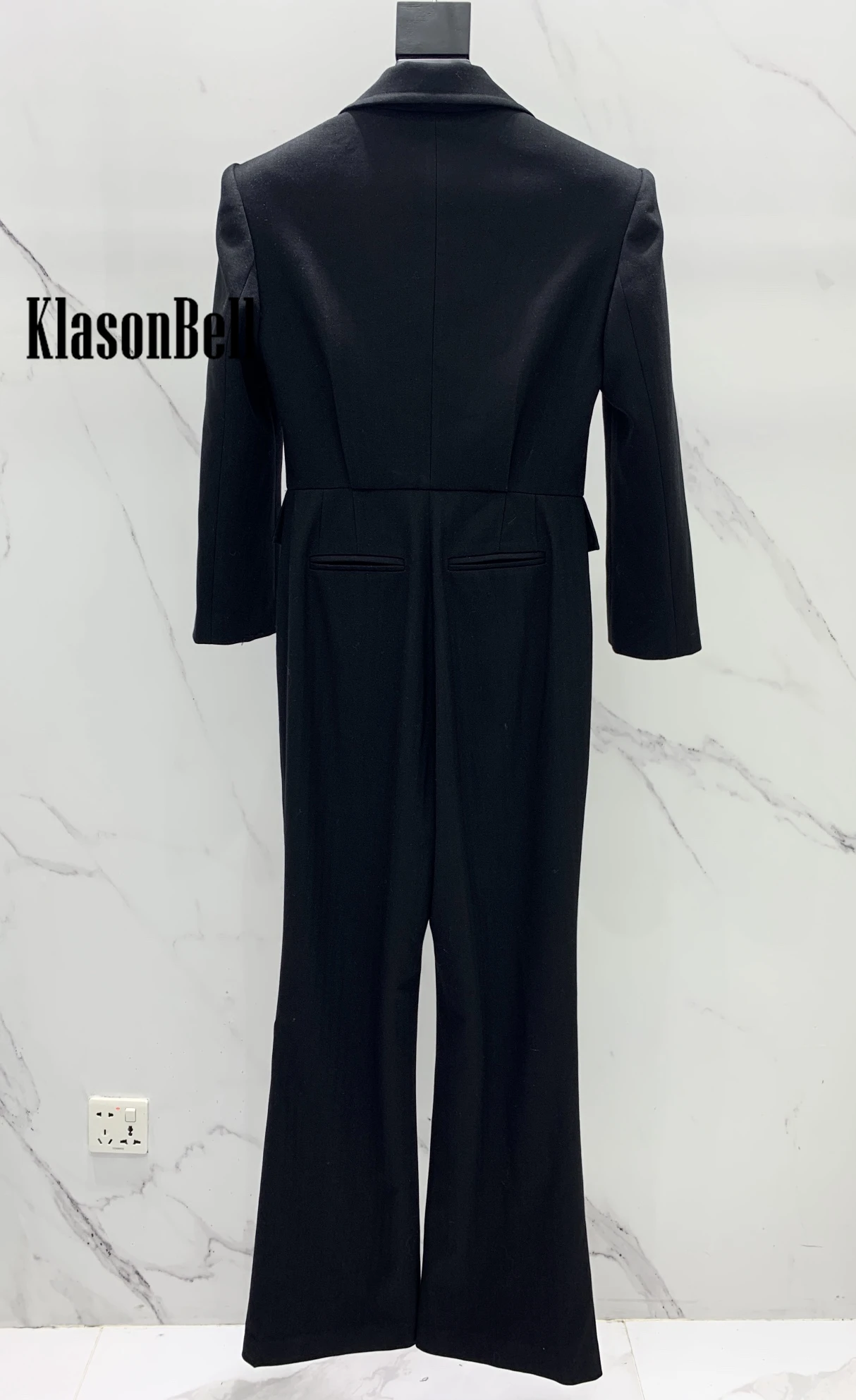 6.14 KlasonBell Runway Fashion Herringbone Wool Shoulder Pad Playsuit Top Temperament High Waist Gold Button Flare Jumpsuit