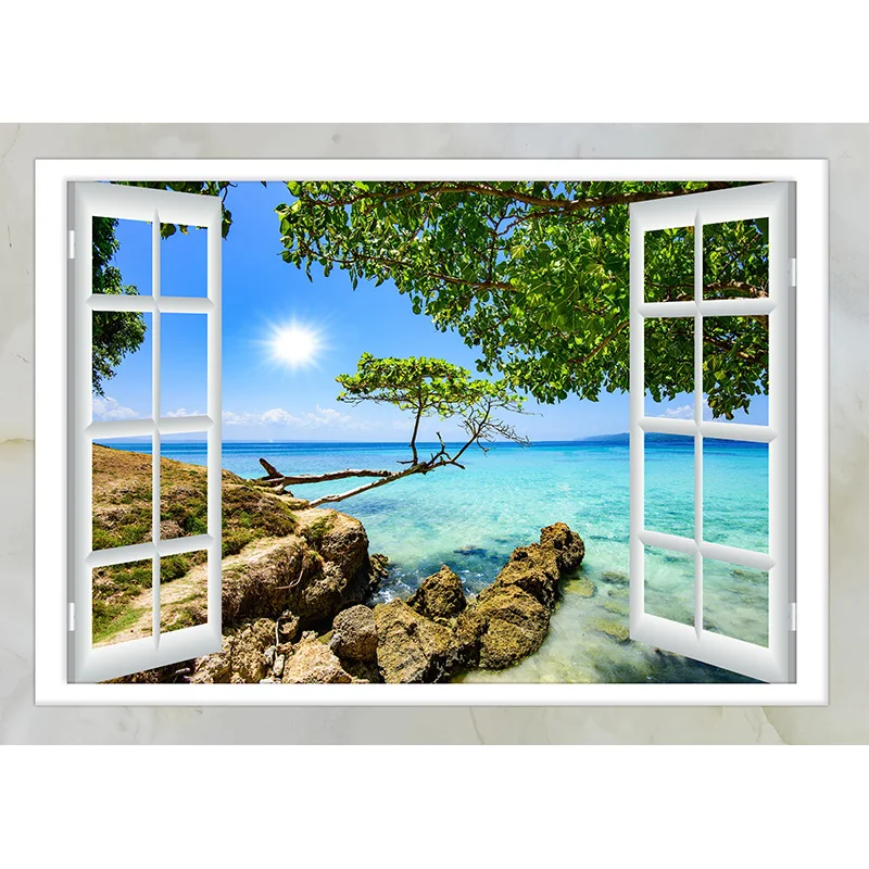 Resort Coastal Hotel Beach Landscape Photography Backdrops  Ocean Coconut Tree Tropical 3D Window Photo Studio Background AS-01