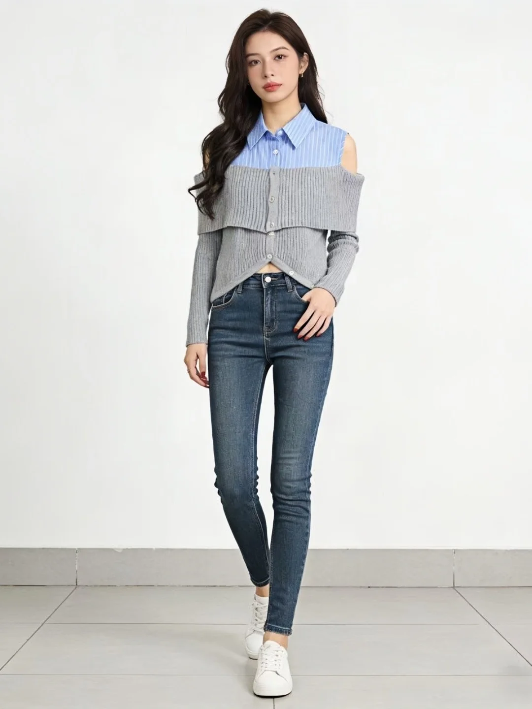 Sweter damski z dzianiny, dopasowany, z odkrytymi ramionami, z kołnierzykiem, idealny na wczesną wiosnę, modny, artystyczny, długi rękaw.