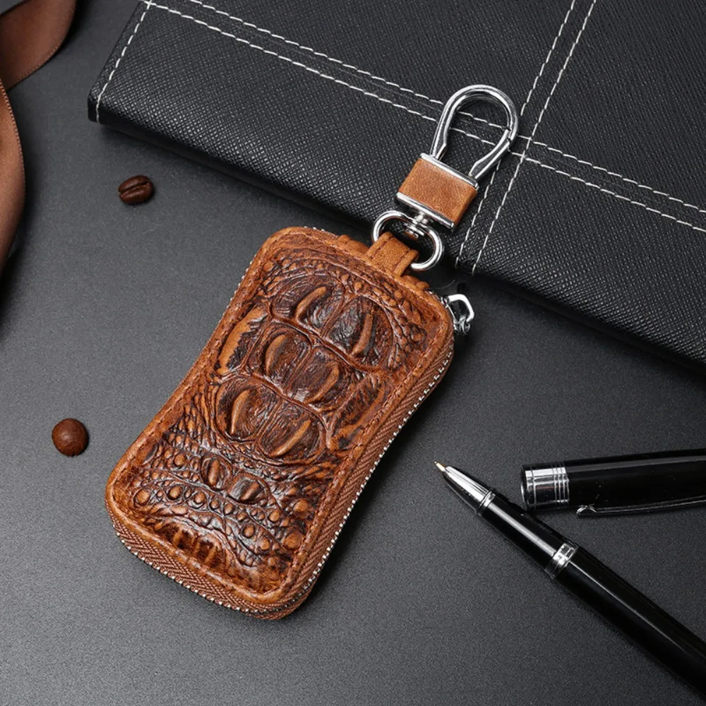 Genuine Leather Multifunctional Key Chain Top Layer Cowhide High-capacity Car Key Bag Vertical Square Shape Crocodile Pattern