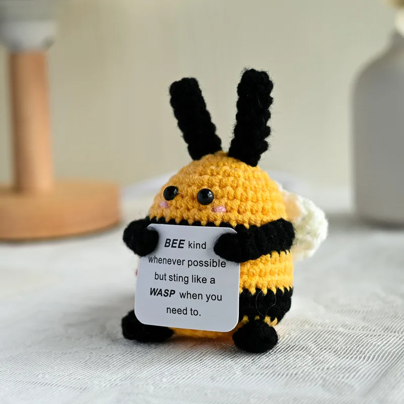 New Crochet Positive Energy Bee Doll Cuddle Bag Mini Handmade Plush Wool Knitting Doll with Card Creative Christmas Party Gift