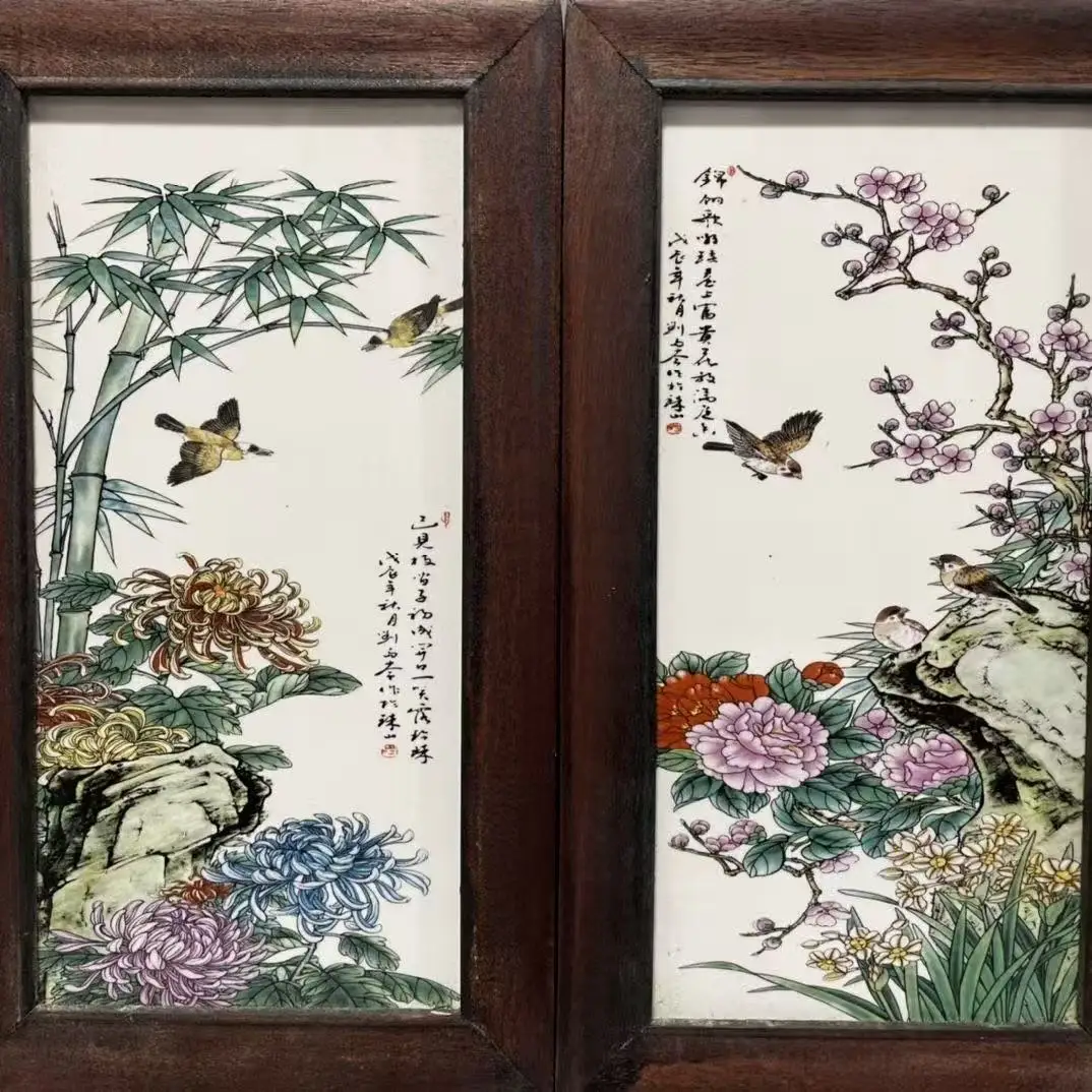 Antique QingDynasty Handmade porcelain brand painting,Flower&Birds,4 pieces/pack,Hand-painted crafts,#02