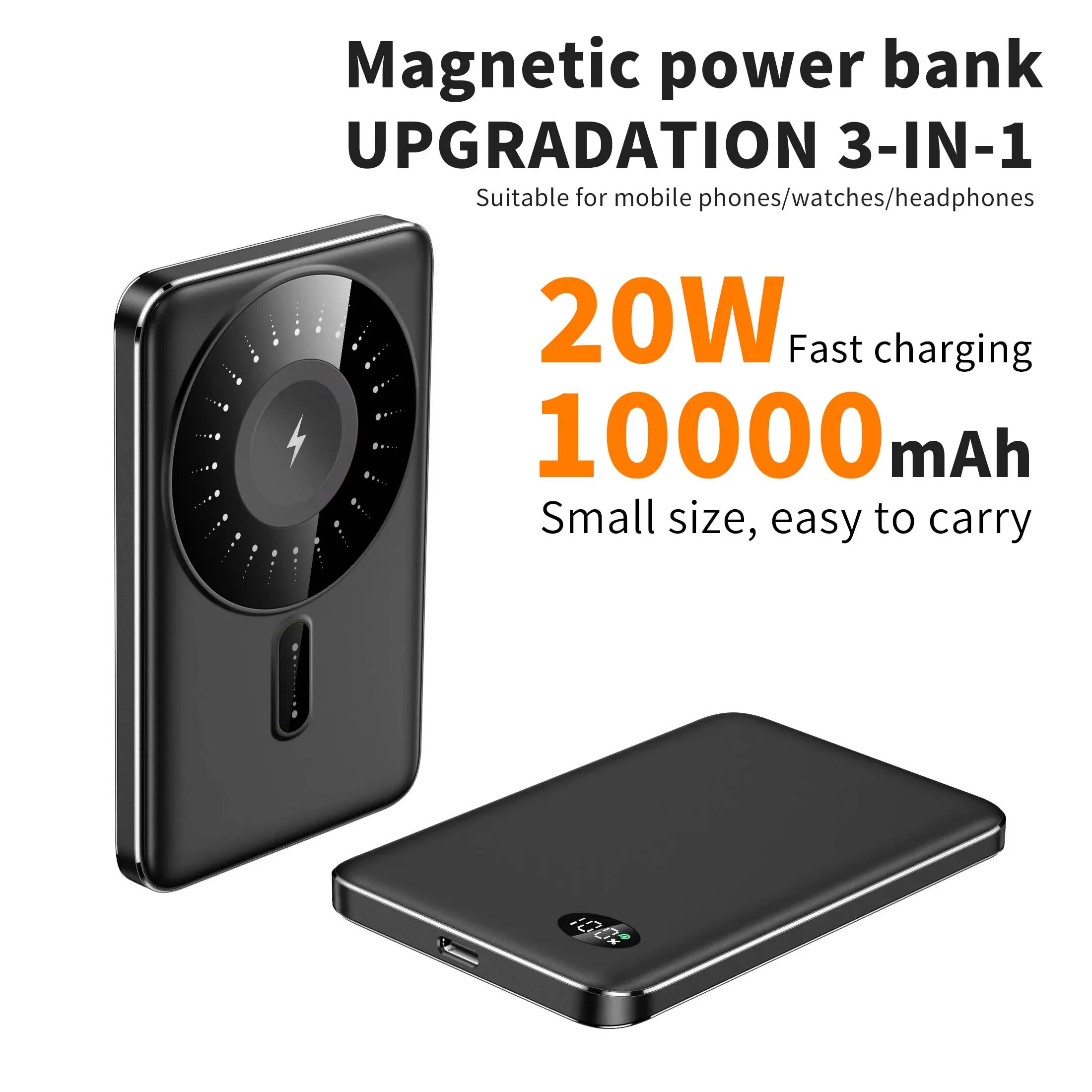 

10000mAh 3-in-1 Magnetic Wireless Power Bank for MagSafe iPhone PD20W Fast Charging for iPhone XIAOMI Portable Spare Battery