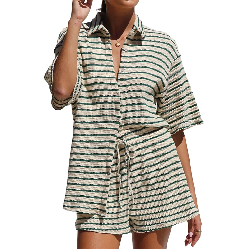 ABRT – Conjunto feminino de verão de algodão waffle listrado + shorts conjunto de duas peças