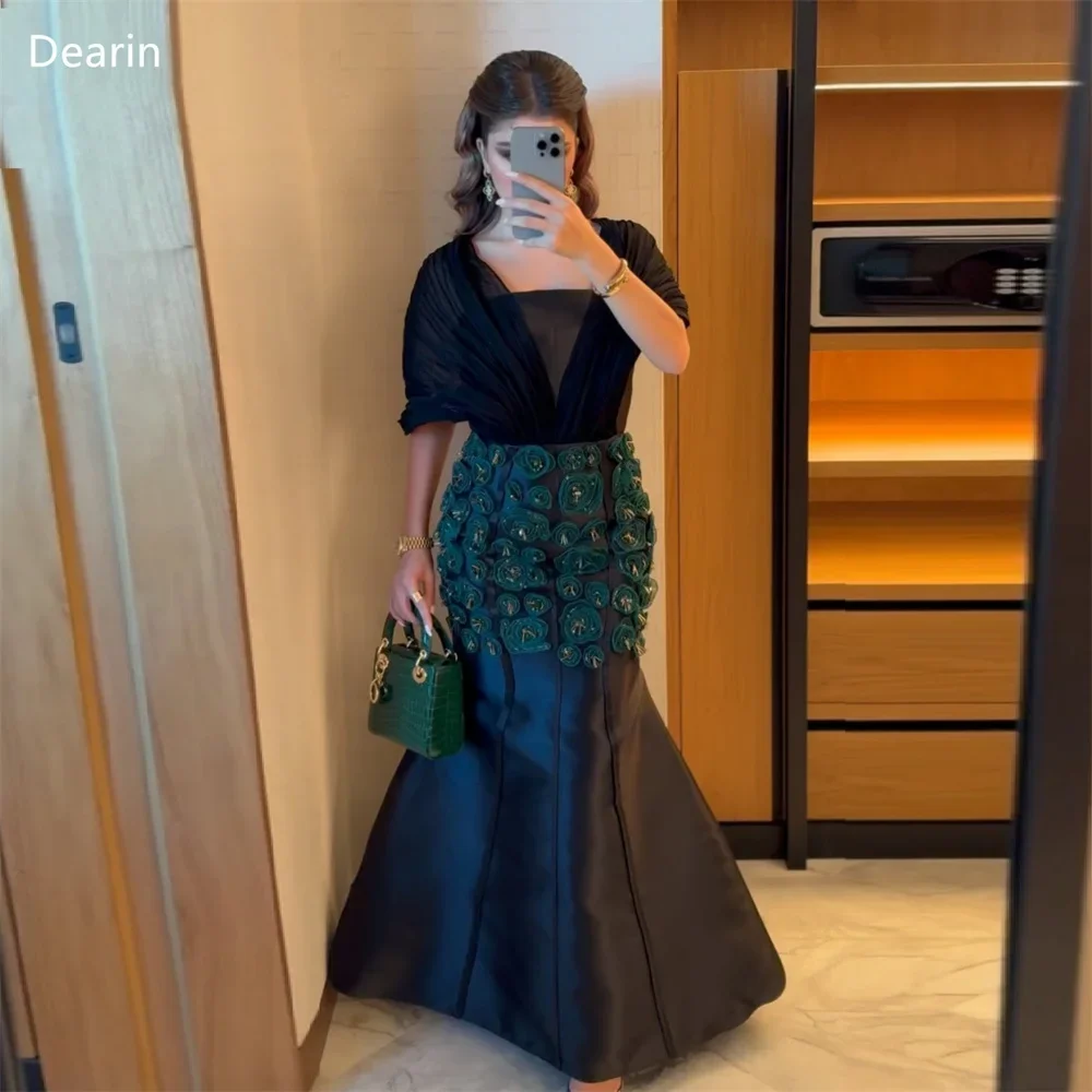 Customized Women Evening Dress Formal Dearin Square Collar Mermaid Floor Length Skirts Applique 3D Flower Bespoke Occasion 