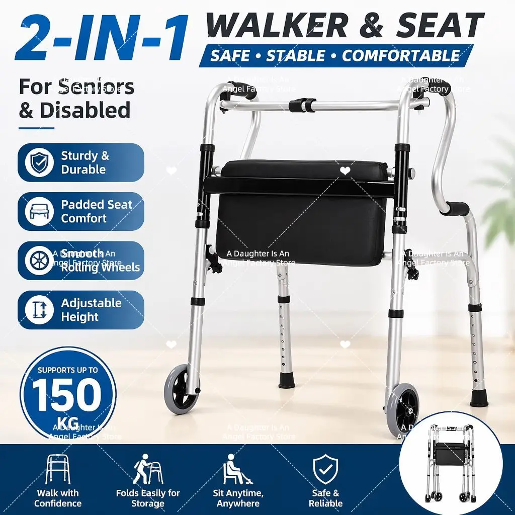 Folding Walker for Seniors Elderly Folding Walker Height Adjust Stainless Steel Portable Recovery Senior Walker Silver Black