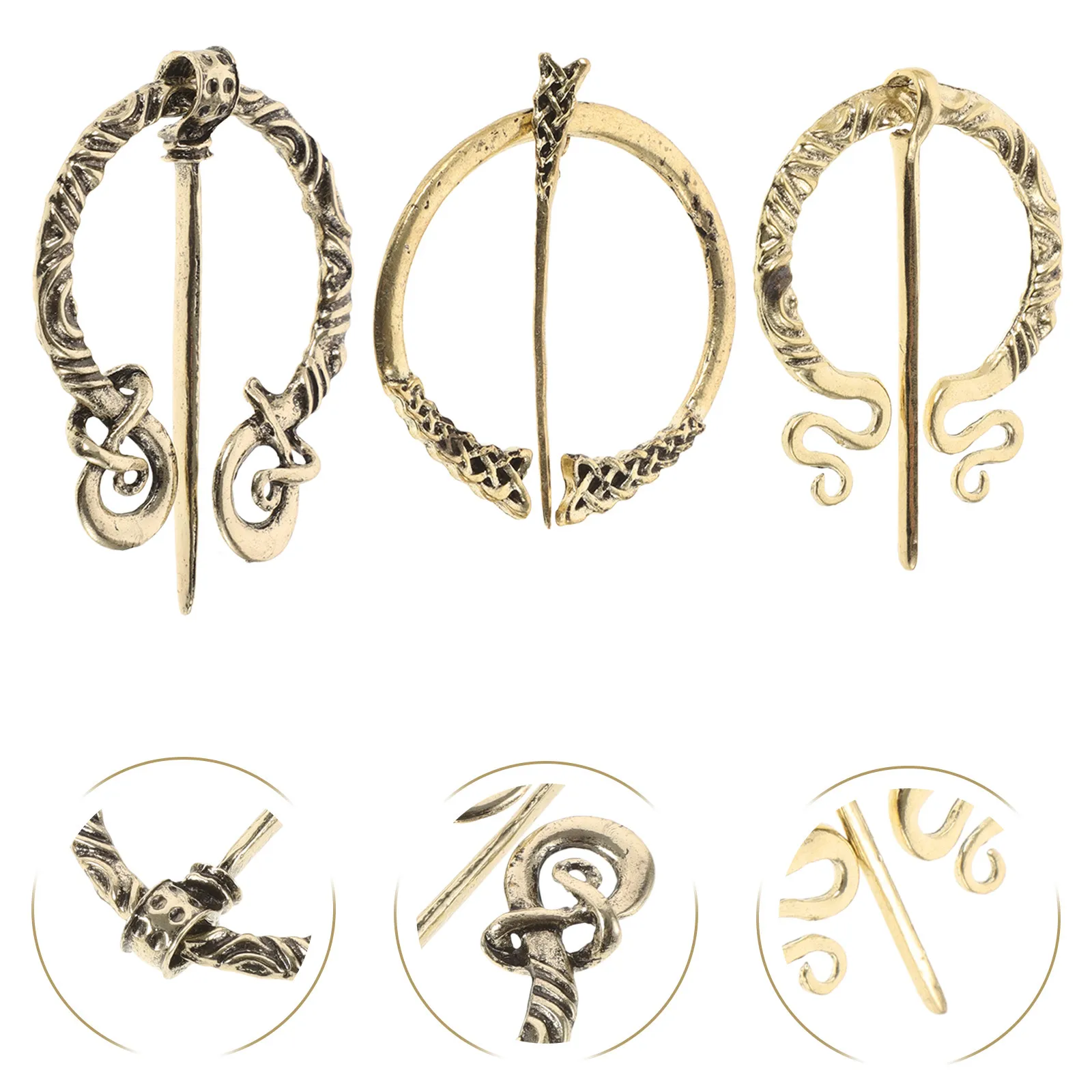 Vintage Alloy Brooch Set – 3pcs Medieval Horn-Style Scarf, Shawl & Lapel Pins for Cloak, Sweater, Costume