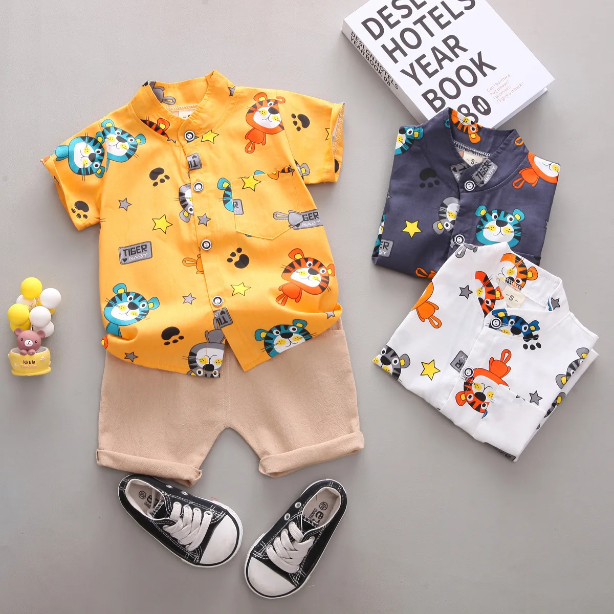 Summer thin baby tiger cartoon shirt short sleeved shorts two-piece set for babies and toddlers