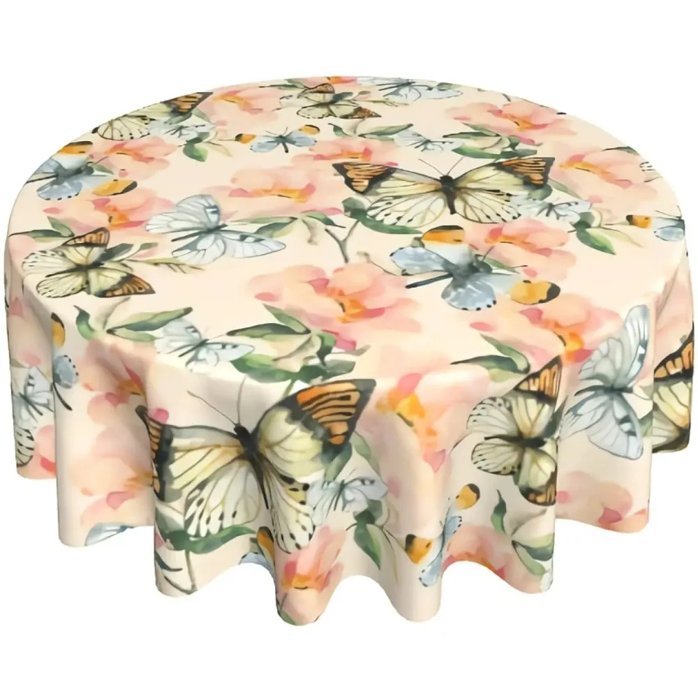 Round Tablecloth 60 Inch Summer Watercolor Briar Flowers and Butterfly Table Cloth Washable for Kitchen Picnic Party Decor