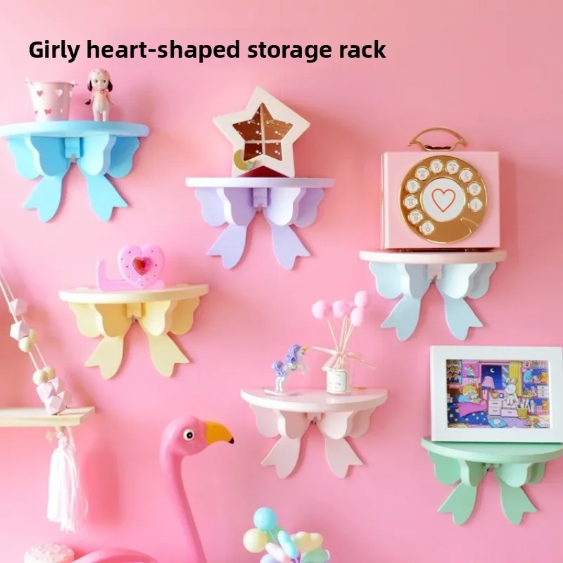 

Rustic Wall Shelf Wooden Creative Home Decor Pink Bow Wall Mounted No Drill Storage Organizer