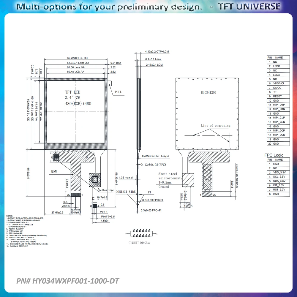 3.4inch Resolution 480x480 Display 1000nits luminance Capacitive Touch LCD High with MIPI Interface for Interactive Applications