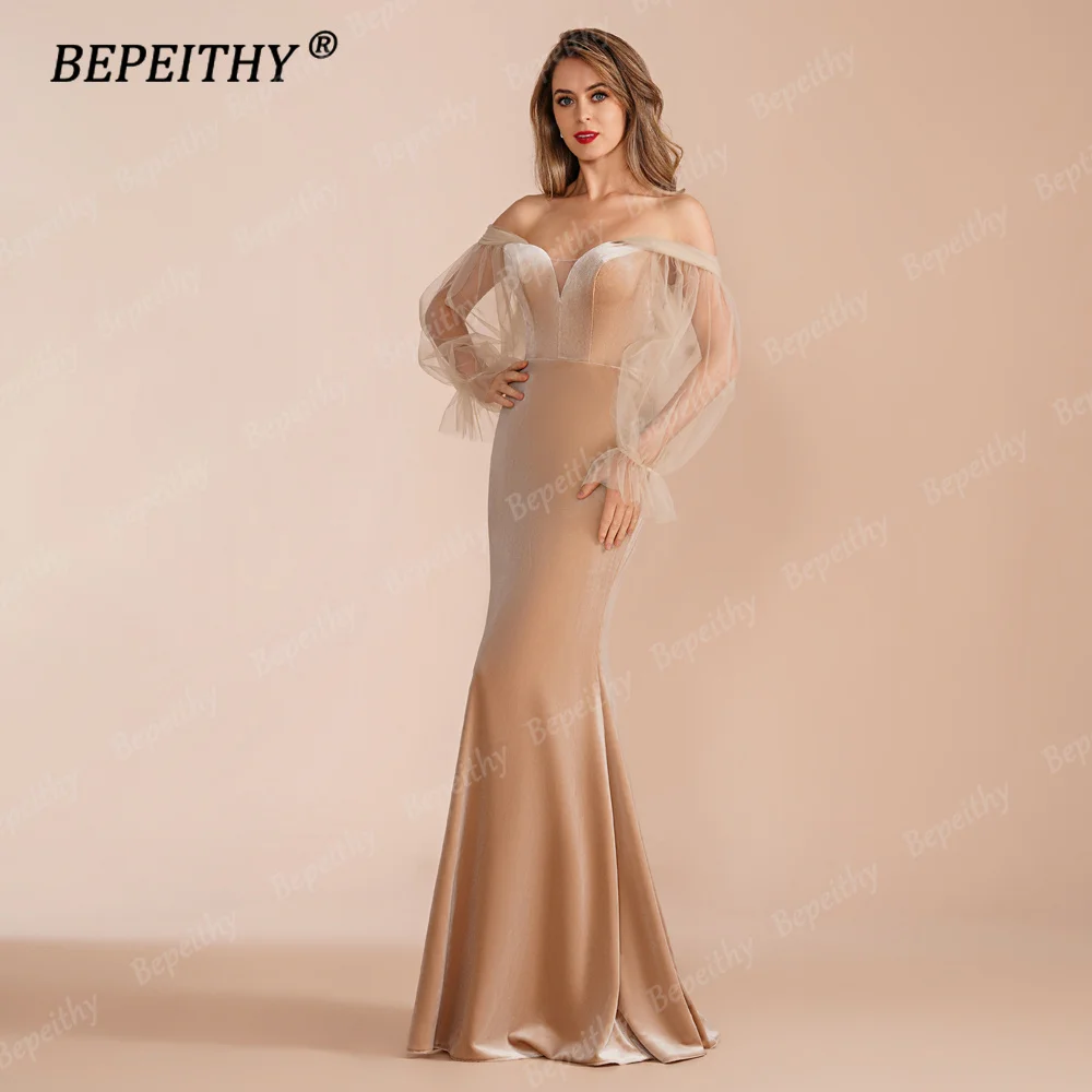 BEPEITHY Customized Mermaid Evening Dresses Formal Special Occasion Floor Length Women Off The Shoulder Puff Sleeves Prom Gown