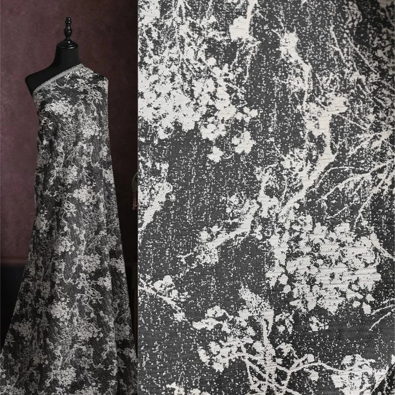 Jacquard Fabric Black White Ink Wash Floral Willow Branch Modern Chinese Style Hanfu Qipao Dress Gown Designer DIY Sewing