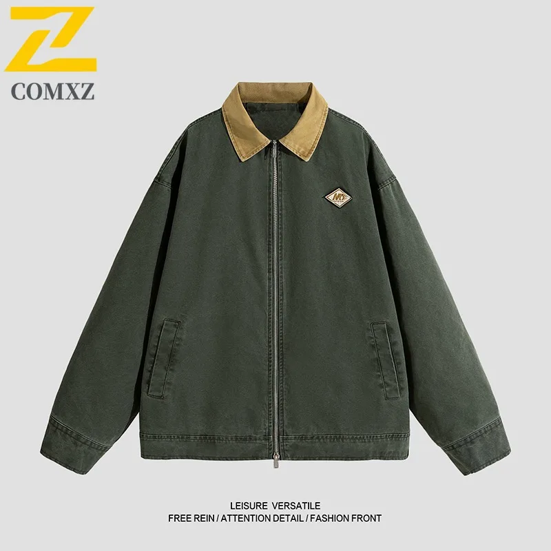

COMXZ 2025 New Streetwear American Vintage Workwear Washed Distressed Jacket Loose Fit Top Trendy Autumn lightweight windbreaker