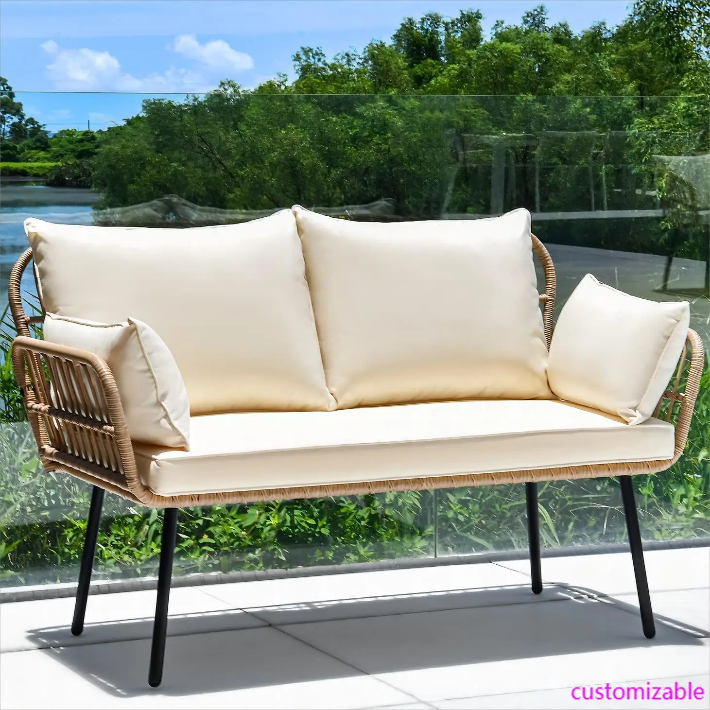 Sofá de Patio Love Seat, sofá de dos plazas de mimbre para todo tipo de clima, muebles seccionales para Patio con cojines y almohadas lumbares, muebles de Patio para exteriores