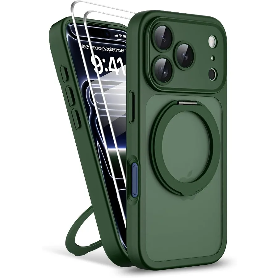 

Магнитный чехол для телефона iPhone 17 Pro с 2 защитными пленками для экрана, совместимый с полупрозрачной матовой отделкой MagSafe Military Grad