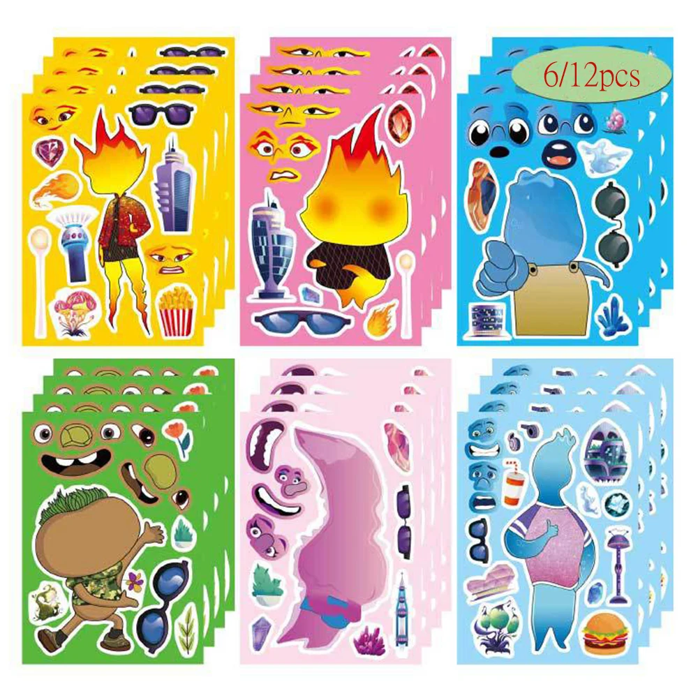 6/12Sheets Disney Elemental Puzzle Stickers Game Make a Face Children Assemble Jigsaw Funny DIY Decoration Kid Educational Toys