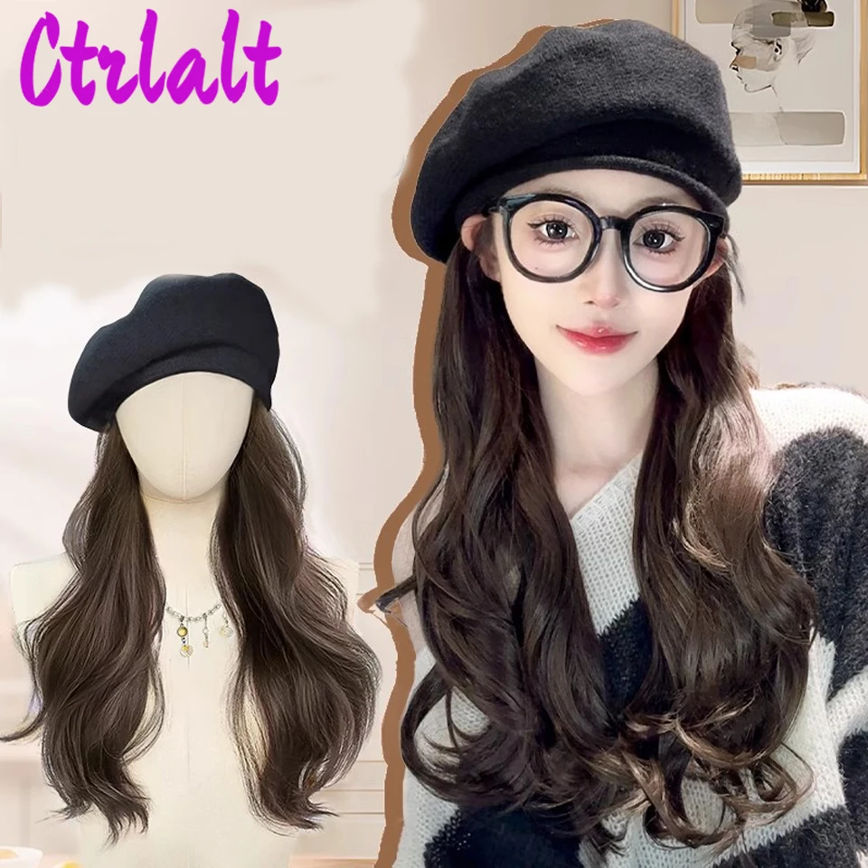 Synthetic Long Curly Hair With Black Woolen Beret  Fashion Lazy Long Curly Hair Beret Wig Naturally Fluffy