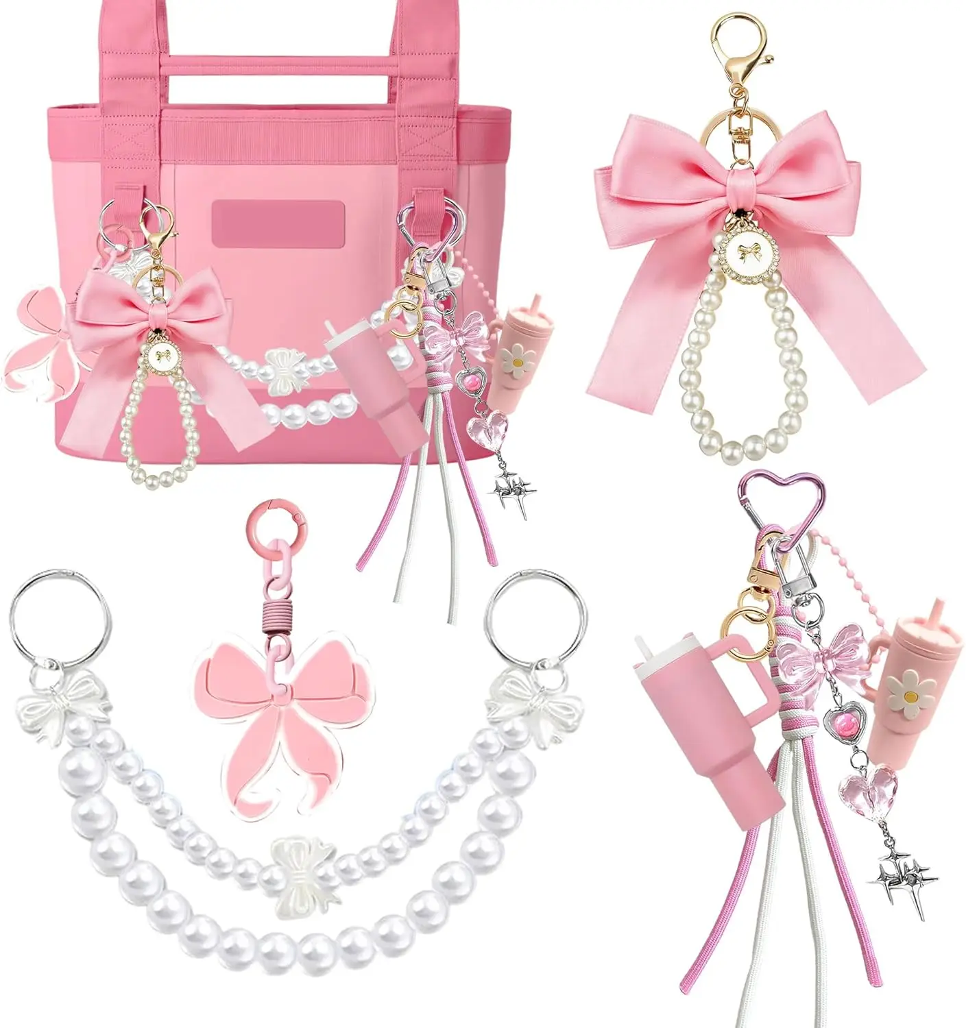 

8 Piece Tote Bag Decor Kit with Bows and Pom Poms for Beach Bags Carryalls Pink