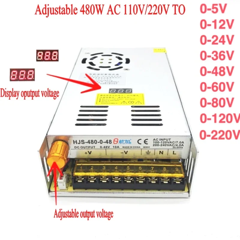 AC-DC Converter 110v 220v to DC 12V 24v 36v 48v 60v 80v 120v 480W Digital display Adjustable Switching Power Supply