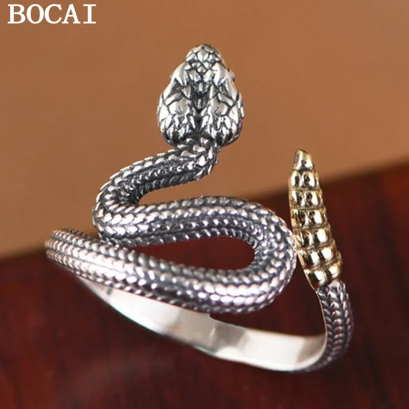 

BOCAI New S925 Silver Retro Personalized Trendy Design Diamondback Open Ring Gift for Men and Women